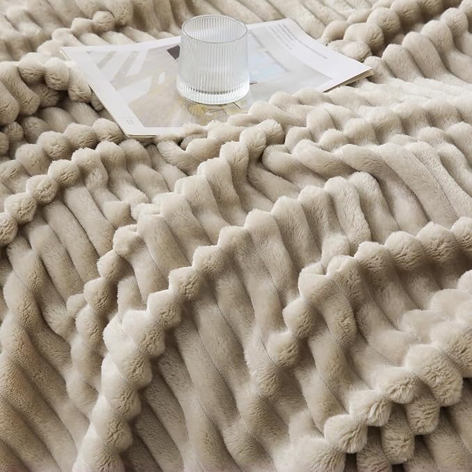 Khaki Throw Blanket for Couch Sofa 60x80 inches Striped Design | Fleece Blankets Room Home Decor Lightweight Plush Soft Cozy Gifts for Women Mom