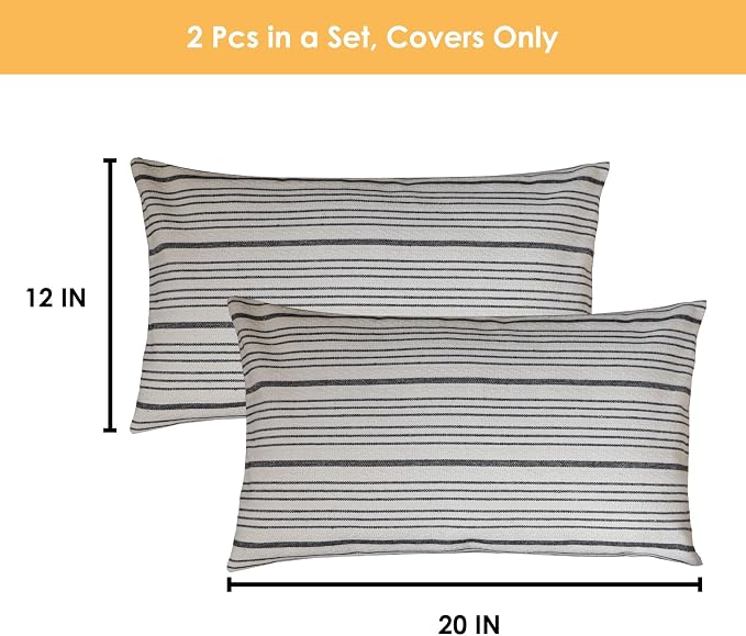 Black Striped Outdoor Lumbar Pack of 2 Throw Pillow Covers 12x20 | Farmhouse Pillow Cases Decorative Throw Pillows for Couch Sofa Bed Black and Cream