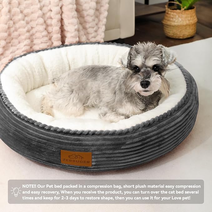 Zerbuger 20in Dark Grey Round Dog Bed Sofa for Dogs Cats, Machine Washable | for Small/Medium/Large Dogs Cats, Foam Pet Couch with Removable Mat Non-Slip Bottom, Pet Cuddler for Indoor/Outdoor/Car/Cage