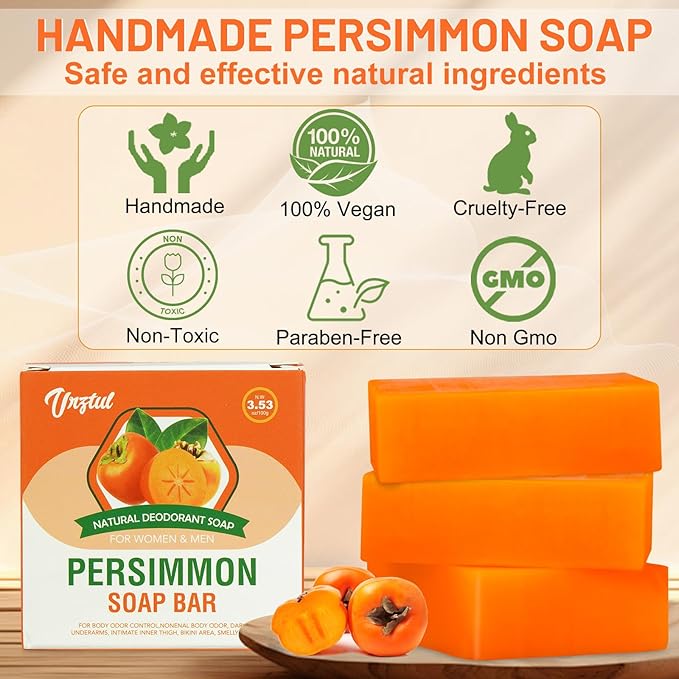 3 PCS Persimmon Soap Bar for Body Odor Control, Natural Deodorizing Soap for Eliminating Strong Smell, Handmade Bar Soap Deodorant Smooth Skin Deeply Cleansing
