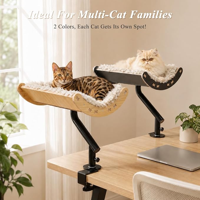 PEQULTI Desk Cat Bed, 360° Rotating Clamp-On Cat Hammock, Wood, Beige | Clamps to desk edge (2.4", no drilling); holds 50 lbs; 360° rotating perch, 11.8" high; removable washable cushion