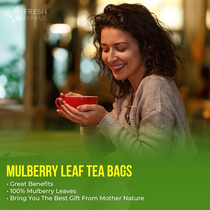 FreshDrinkUS, Premium 120 Mulberry Leaf Tea Bags, 100% Natural & Pure from Mulberry Leaves. Loose Leaf Herbal Tea. Made with Natural Material Tea Bags. No Sugar, No Caffeine, No Gluten, Vegan.