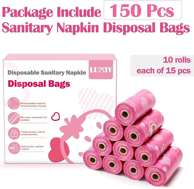 150Pcs Sanitary Napkin Disposal Bags, Luxiv Pink Disposable Sanitary Bag Personal Care Disposal for Tampons Trash Bag, Disposable Mini Bags for Women Privacy Handling Bag Diaper Sack