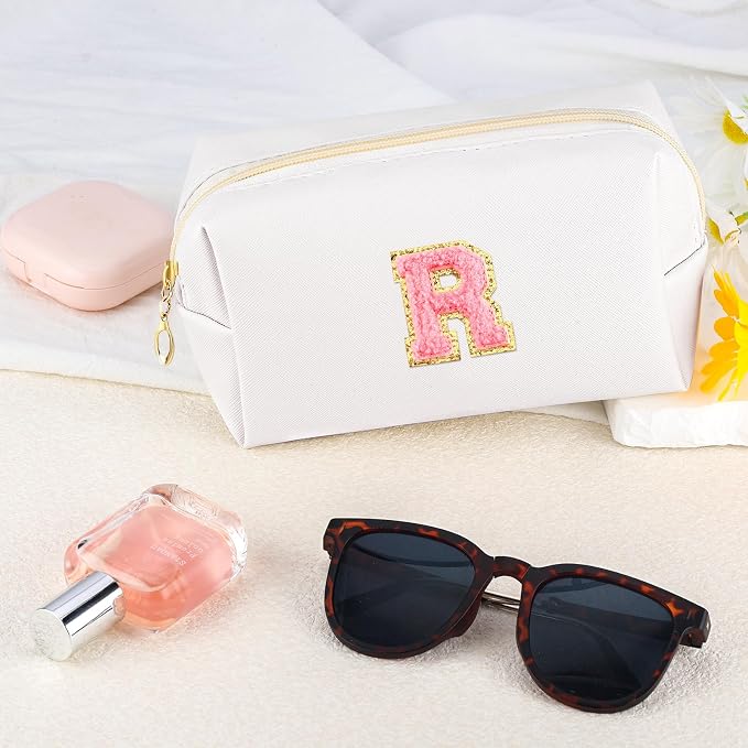 URSKYTOUS Initial Makeup Bag Personalized Preppy Travel Small Cosmetic Bag Cute PU White Chenille Letter Makeup Pouch for Purse Waterproof Zippered Toiletry Organizer for Women Girls Kids Friends (R)