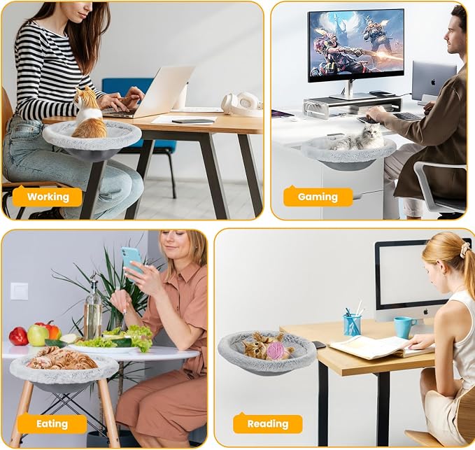 Pawaboo Cat Desk Bed, One-Click Foldable Sunken Cats Hammock up to 40lbs | Cat Side Table Beds with Soft Plush, Reversible & Washable Hanging Cats Bed with Steel Clamp for Game Office Home Desktop