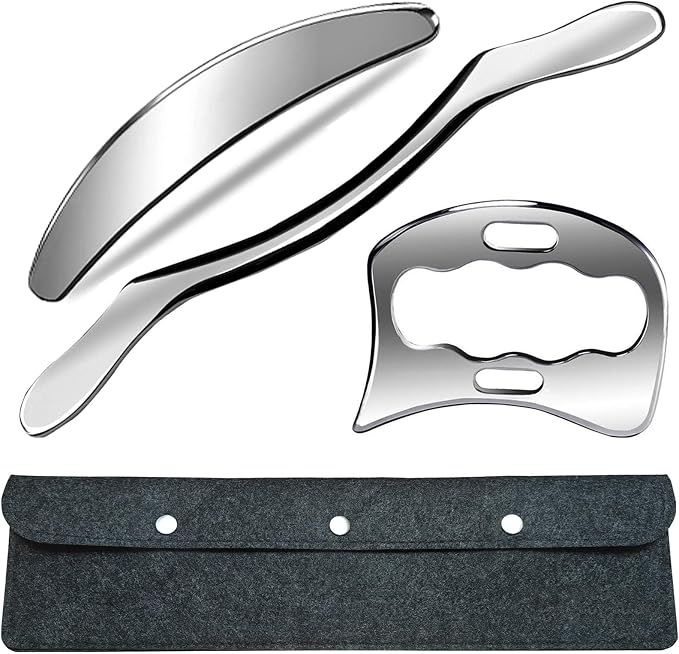 Professional Muscle Scraper Set, 3pcs Stainless Steel Tools with Case, Manual Scraping Massage Therapy Instruments for Physical Therapy and Recovery