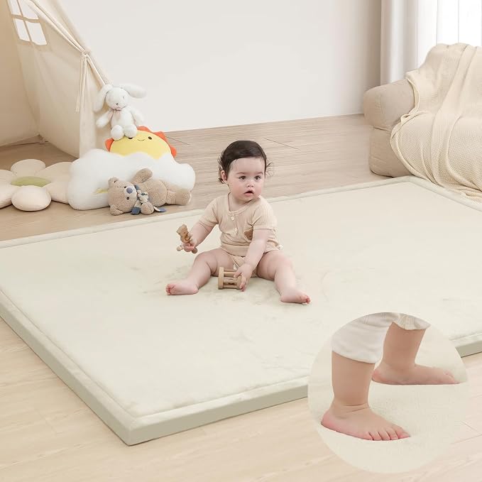 Huloo Sleep Ultra Soft Baby Play Mat for Floor, 1.3" Thick Elasti-Foam 65x50 Play Mat for Playpen,Water-Repellent Coral Velvet for Tummy Time, Non-Slip Backing,Safe for Toddlers & Infants(Cream)