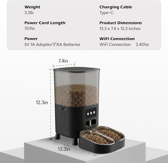 Automatic Cat Feeder, WiFi Cat Food Dispenser with App Control, Smart Dry Pet Food Feeder, 1–10 Meals Per Day, Voice Recording & Stainless Steel Dual-Bowl for Small Pets Indoor(4.5L, Black)