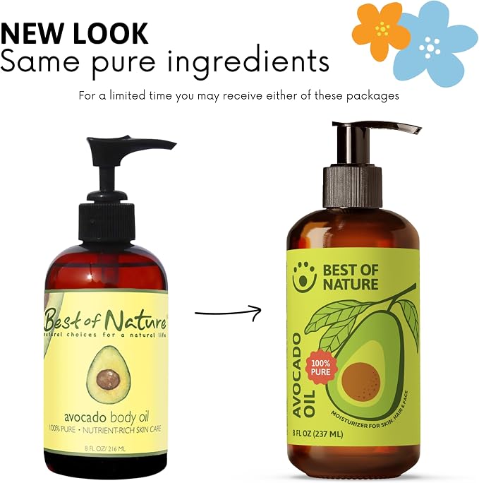 Best of Nature 100% Pure Avocado Oil – Natural Massage Oil, Moisturizing Body & Hair Oil, Unscented Skincare & Carrier for Essential Oils, Bulk Size Available (8 Fl Oz)
