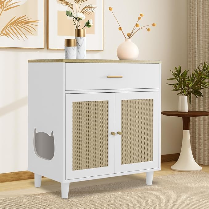 Cat Litter Box Enclosure, Wood Cats Litter Box with 2 Doors, Hidden Pet Storage Cabinet Furniture with Scratching Pad, Modern Cat Cabinet for Living Room, Entryway, White