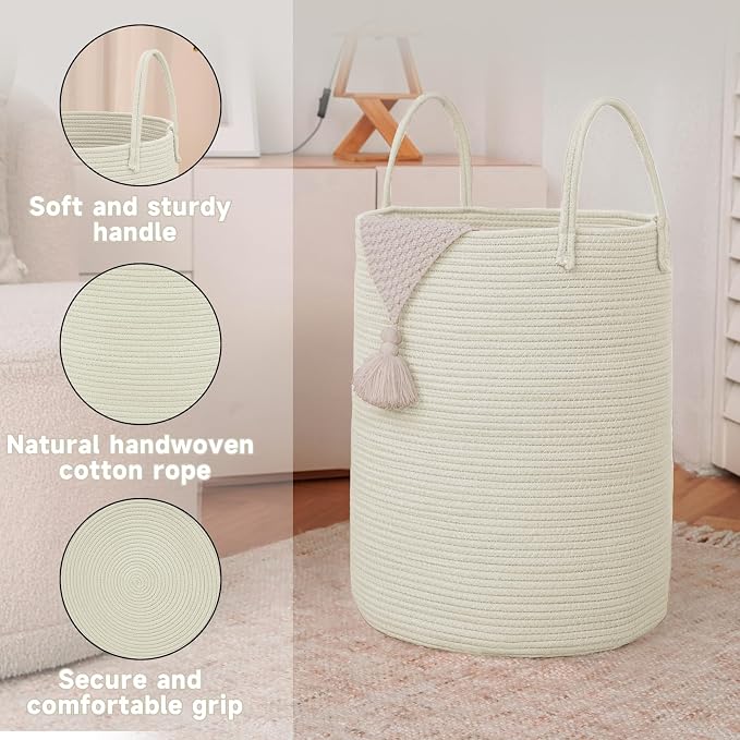 JMvicyroam 80L Cotton Rope Laundry Basket Hamper, White | Collapsible laundry basket, reinforced handles, freestanding, machine washable, holds 3-5 thick blankets, clothes or toys