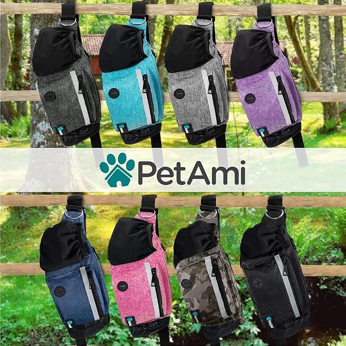 PetAmi Dog Fanny Pack, Treat Pouch for Dog Walking Training, Light Gray | Built in Poop Bag Dispenser, Water Bottle Holder, Collapsible Bowl, Pet Treat Waist Belt for Hiking Running Kibbles