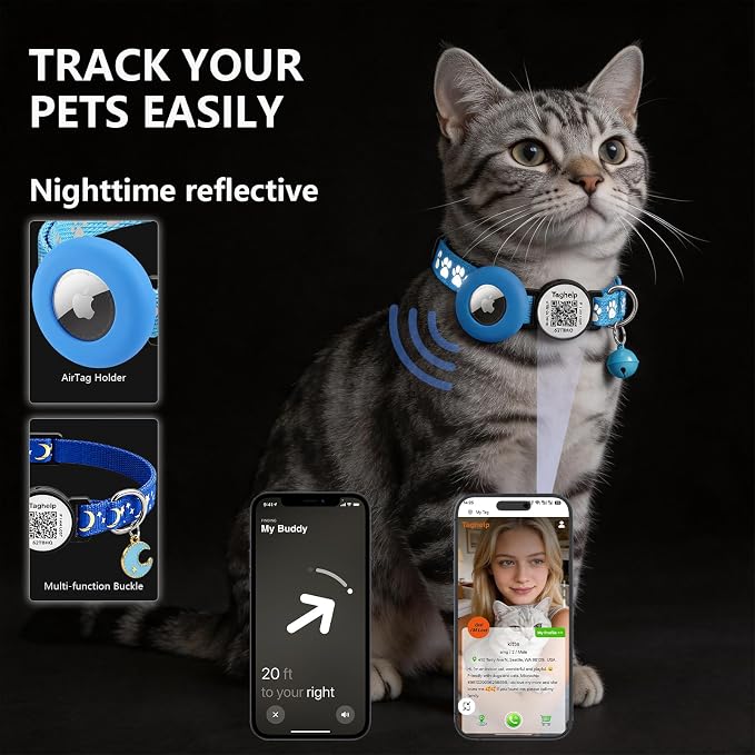 2 Pack Airtag Cat Collar, Breakaway Cat Airtag with Smart ID tag & QR Code Reflective (Star Moon & Paw Pattern - Blue, with Integrated AirTag Holder)