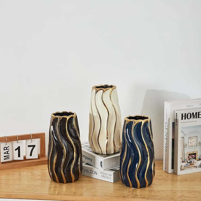 Ceramic Vase for Home Decor,Decorative Flower Vase, Vertical Stripe Ceramic Vases for Home Décor, Bedroom, Office, Living Room, Bathroom, Tabletop Decor, Centerpiece Table Decorations (Blue)