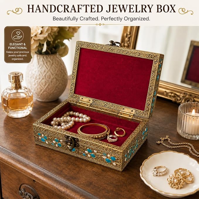ETROVES 6 inch Jewelry Box - Handmade Portable Treasure Organiser Keepsake - Decorative Memory Storage Case Single Compartment for Women Men Jewel - Vintage Trinket Box (Peacock)