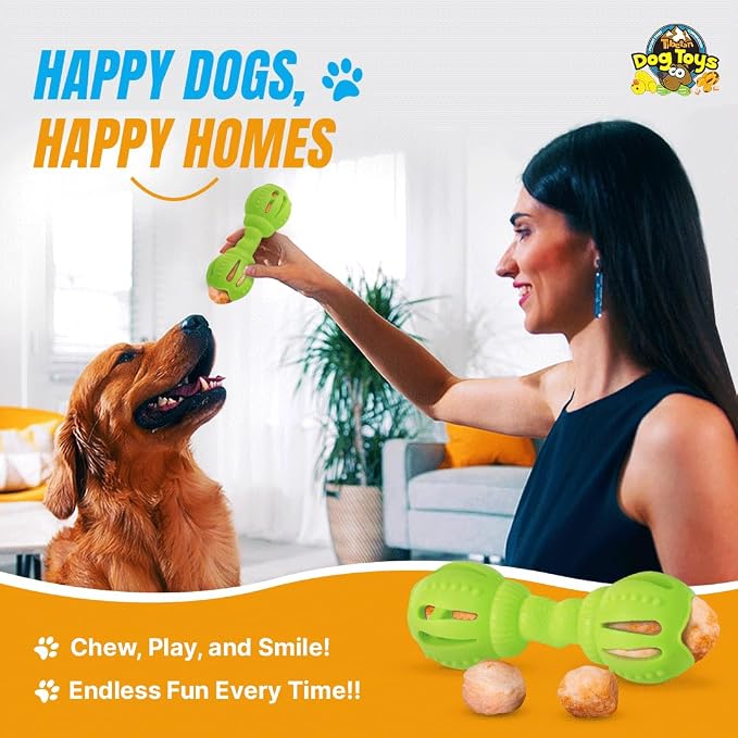 Tibetan Dog Chew Yak Cheese Puff & Chew - Fun Interactive Treat Dispenser Toy for Dogs - Training, Teething, Calming, Mental Stimulation - Bone Dumbbell - Fluorescent Green (1 Toy, 5 Nuggets)