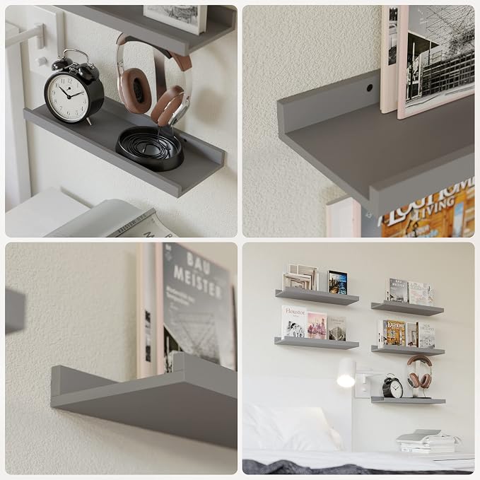 RICHER HOUSE 5-Set Floating Shelves with Lip, Grey Wall Mounted Wood Shelf | Display Picture Ledge Shelf, Anti-drop lip Shelf for Room Wall Decor, Bedroom Bathroom Storage Nursery Books, Easy Setup 16in
