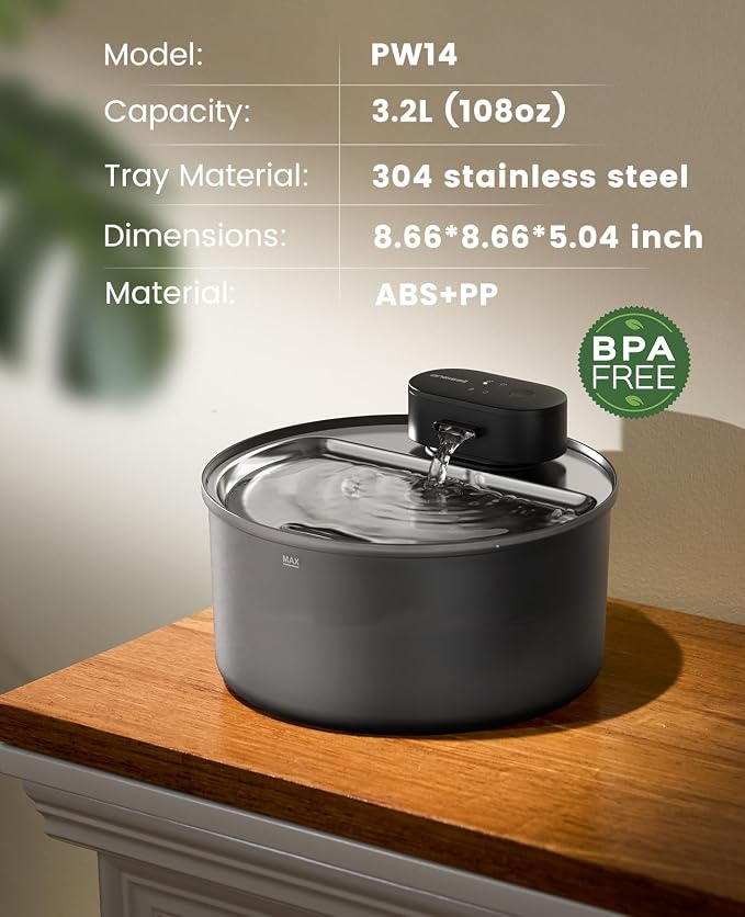 oneisall 108oz/3.2L Cordless Cat Water Fountain for Cats & Small Dogs | Ultra Quiet,Stainless Steel Tray,Rechargeable 45-day Battery,3 Flow Modes(Motion sensor),5-layer Filter,Display Indicator