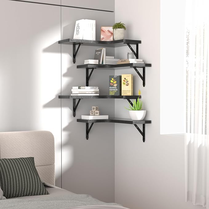 ROMGUAR CRAFT Corner Floating Shelves Wall Mounted Set of 4, Rustic Wood Storage Display Shelves for Home Decor, Bathroom, Kitchen, Bedroom, Living Room, Office (Black)