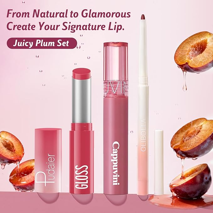 3PCS Lip Combo Set - Matte Lip Liner Pencil + Hydrating Tinted Lip Balm + Juicy Lip Gloss Tint, Non-Sticky, Long-Lasting, High Pigment Lip Makeup Kit (Juicy Plum Set)