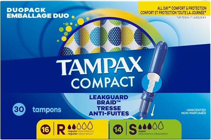 Tampax Compact Pearl Tampons Multipack, with LeakGuard Braid & Extendable Applicator, Regular/Super Absorbency, Compact Extendable Applicator, Unscented, 30 Count
