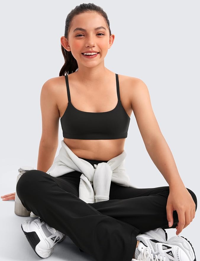 CRZ YOGA Girls Butterluxe Adjustable Spaghetti Strap Sports Bra - Yoga Athletic Casual Scoop Neck Crop Padded Kids Teen