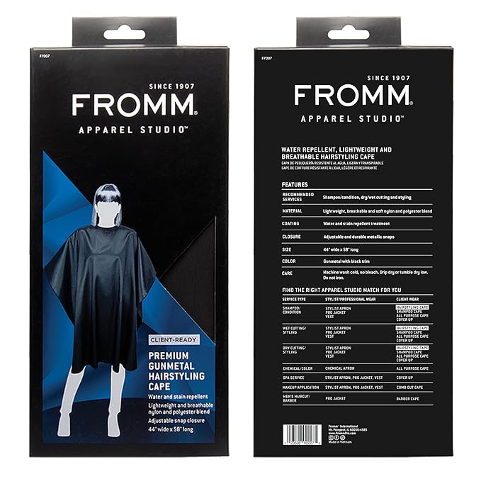 Fromm Professional Client Hair Styling and Hair Cutting Cape, Water and Stain Repellent Coating for Shampoo Bowl and Wet/Dry Cutting, 44" x 58", Gunmetal Grey