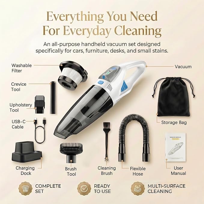 Handheld Vacuum Cordless, 25000Pa Powerful Suction Car Vacuum Portable Cordless with 8000mAh Battery & LED Light, Hand Held Vacuum Rechargeable with HEPA Filters, Home, Car Seats, Pet Hair White
