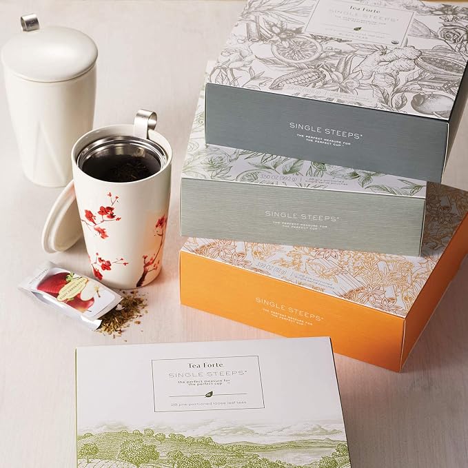 Tea Forte Single Steeps Loose Leaf Tea Sampler Tea Chest, Assorted Variety Tea Box, 28 Single Serve Pouches, Herbal Tea
