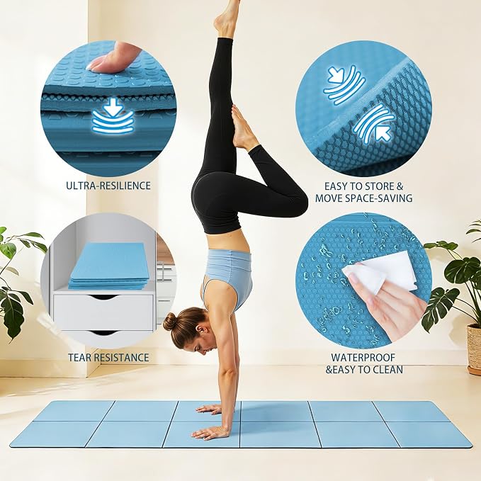 Foldable Yoga Mat Thick Non-Slip Exercise Mat - Packable Travel Fitness Mat with Carrying Bag for Yoga, Pilates, Workout, Home & Gym