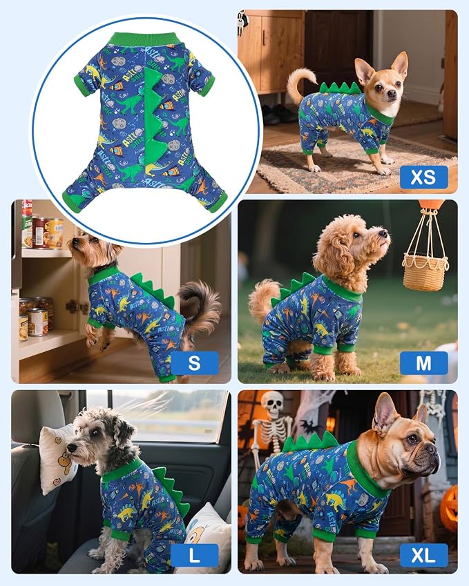 CuteBone Dinosaur Costume Dog Pajamas, Stretchy Spandex Crystal Velvet Sleepwear Coat for Small Dogs, Soft & Warm Pet Outfit Clothes for Cold Weather, Cozy Pullover Design COSP23M