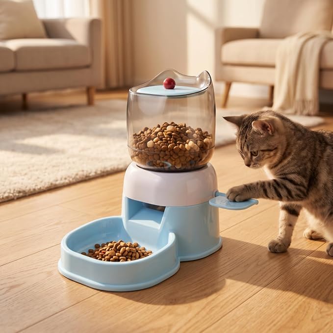 Automatic Pet Feeder Cat Dog Food Station with Bowl Manual Dispenser Side Push Lever Transparent Container Compact Stable Base Suitable for Apartments Kitchens Home Feeding Areas, Color to 2