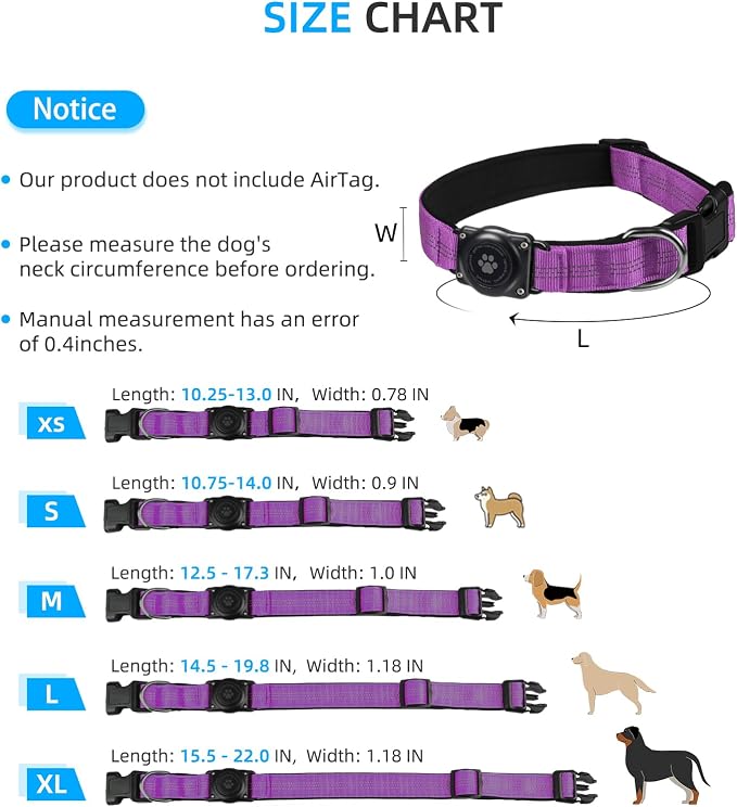 Upgrade Dog Collar with AirTag Holder, IP68 Waterproof, Purple, S | Built-in Water Resistant AirTag holder, 1000D Nylon, Reflective Stitching for Night Visibility, Soft padding for Comfort