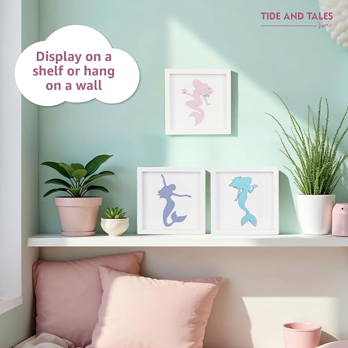 Tide and Tales Elegant 3D Mermaid Wall Decor, Framed Wooden Set of 3 Silhouettes in Pastel Colors, Mermaid Bathroom Decor, Ocean Room Decorations for Girls Bedroom, Ocean Wall Art