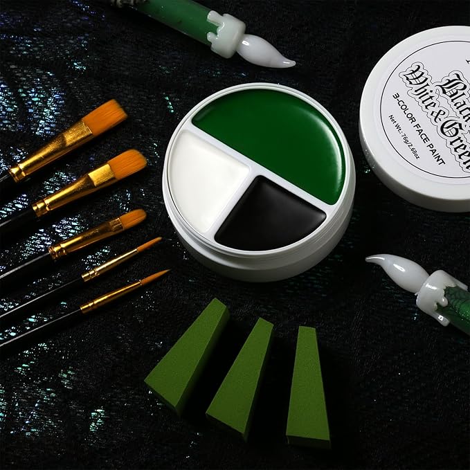 White Black Green Face Body Paint Witch Halloween Makeup Set- Oil-Based Facepaint with Brushes & Sponges for Kids Adults, Full Coverage Bodypaint for Monster Grinch Shrek Hulk Alien SFX Cosplay Party