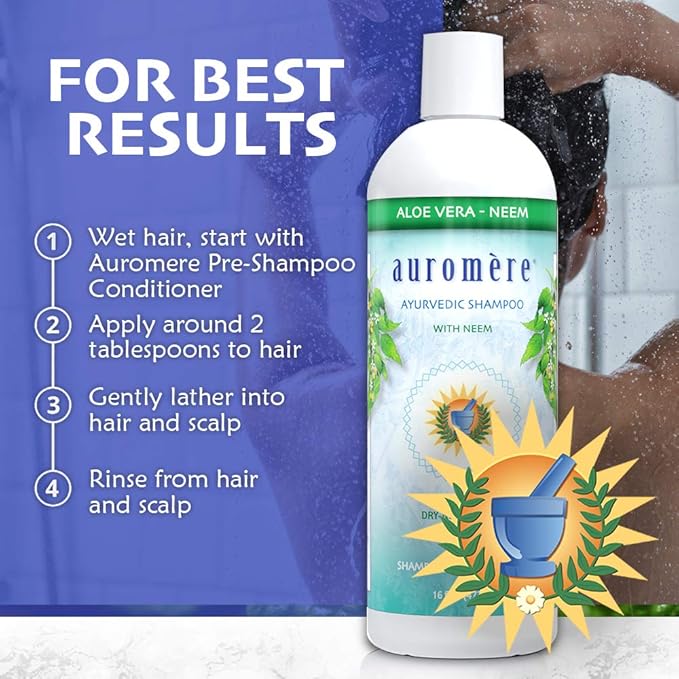 Auromere Ayurvedic Shampoo, Aloe Vera Neem - Vegan, Cruelty Free, Non-GMO, Natural, Gluten Free, Sulfate Free, Paraben Free for Dry to Normal Hair (16 fl oz), 2 Pack
