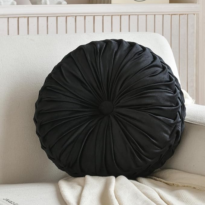 Teieas 2 Pcs Round Throw Pillows Decorative Velvet Pleated Bed Pillows | Boho floor pillows,back support for couch,chair,dorm,car,sofa,home decor 14.96 in black
