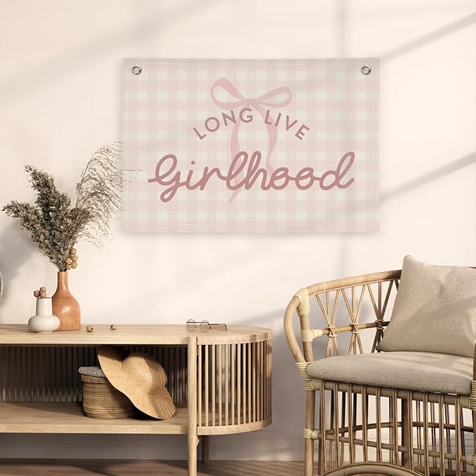 Pink Cute Room Decor Long Live Girlhood Banner, Coquette Bow Girls Room Decor for Nursery Playroom Wall Hanging Linen Flag,Baby Girls Bedroom Decorations,Baby Showers Newborn Gift 30x20 girlroom