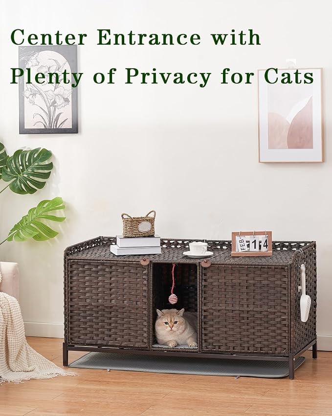 SETVSON Cat Litter Box Enclosure for 2 Cats, Litter Box Furniture, Brown | Beautiful Decorative Furniture Look, Sturdy Iron Frame, 3.2" Heightened Feet, Double Mats, S-Hooks Included, Double Doors