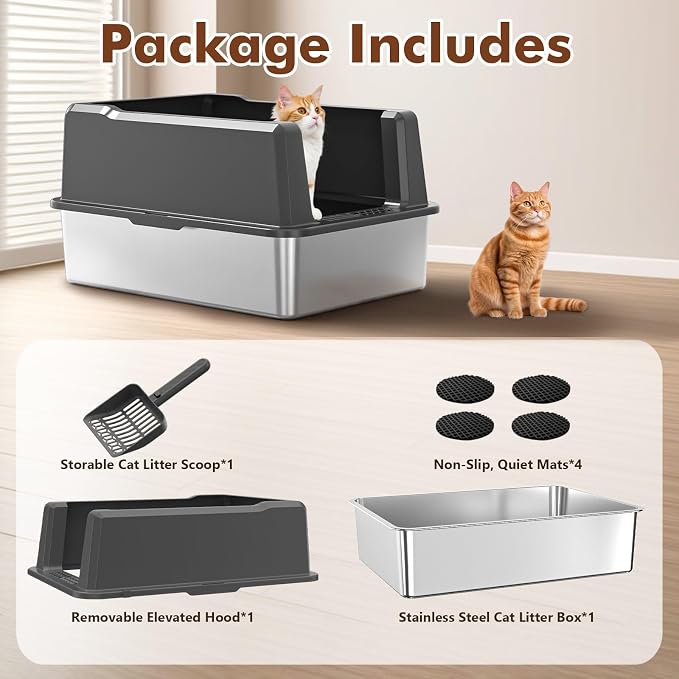 Extra Large Stainless Steel Litter Box for Large Cats | 50% Thicker Metal, High Sides, Leak-Proof, Non-Stick Surface, Odor Resistant, Easy Clean