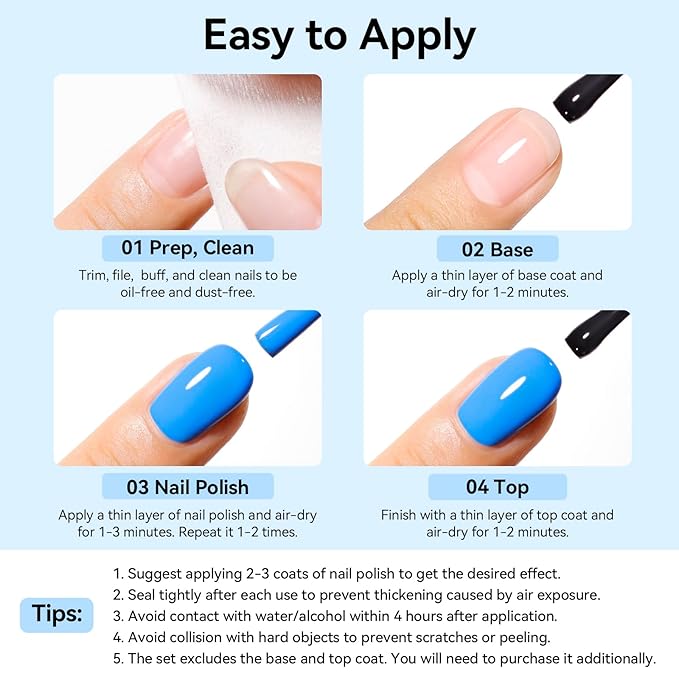 Blue Nail Polish Set: 6 Colors Light Blue Dark Navy Royal Teal Ocean Baby B lue Collection Toe Fingernail Polish, Quick Dry Non Gel, High Gloss Shine, Healthy Nail Art DIY Manicure Gift