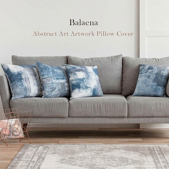 Set of 4 Blue and Grey Abstract Art Artwork Pillow Cover 16 x 16 Inch, Gallery Modern Decorative Throw Pillows Cushion Cover for Bedroom Sofa Living Room | Double-sided vibrant artwork accent cushion covers. Perfect decorative pillows for couch, sofa, ...