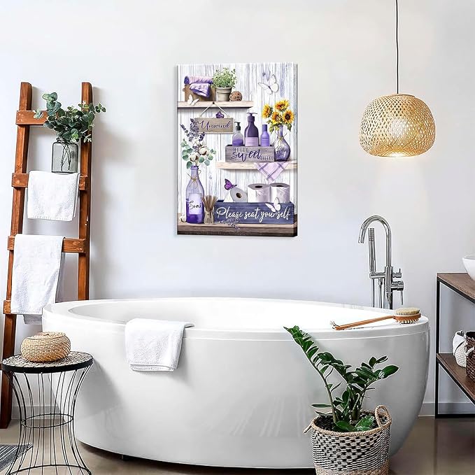 Purple Bathroom Canvas Wall Decor Relax Soak Canvas Wall Art Unwind Bathroom Washroom Print Poster Please Seat Yourself Painting Pictures Artwrok 12x16 In