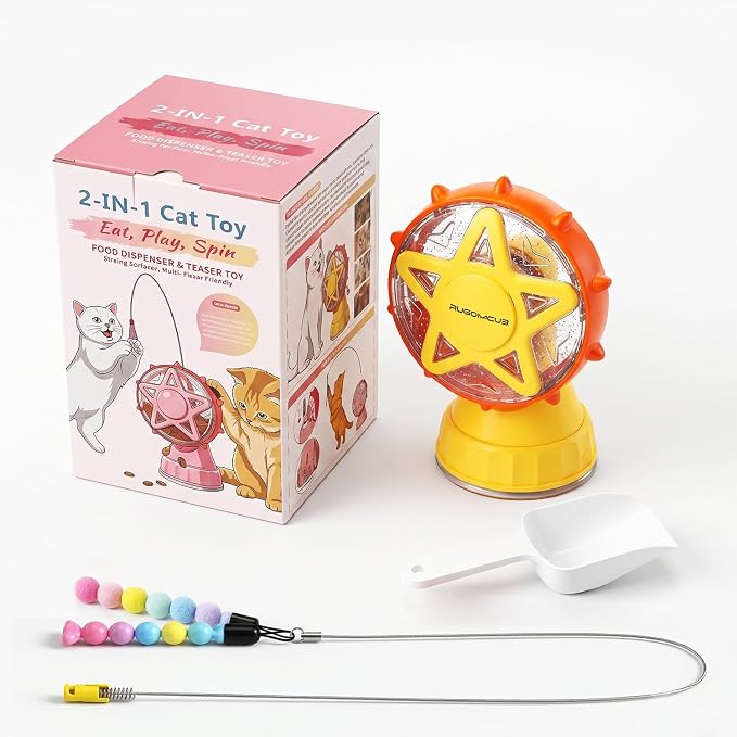 Interactive Cat Toy for Indoor Cats, Ferris Wheel Cat Treat Dispenser Teaser Wand & Suction Cup Base, w/Spoon, Puzzle Feeder Toy for Exercise, Mental Stimulation, Slow Feeding