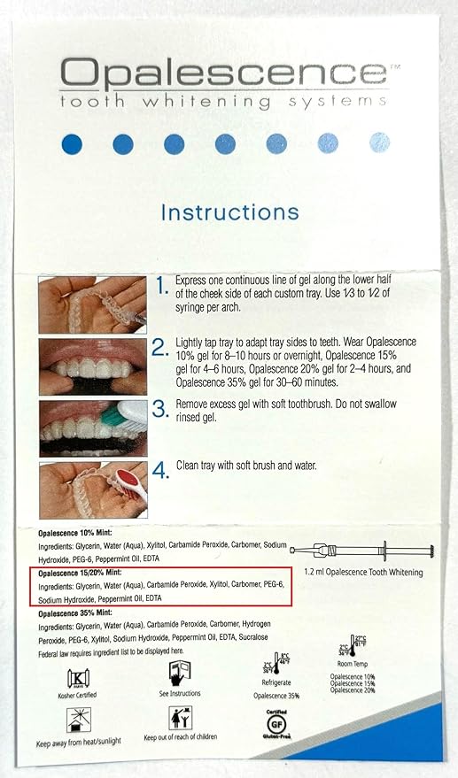 Opalescence 20% Gel Syringes Teeth Whitening - Refill Kit (8 Syringes) Carbamide Peroxide, Fluoride. Made by Ultradent, in Mint Flavor. Tooth Whitening - 5196-4