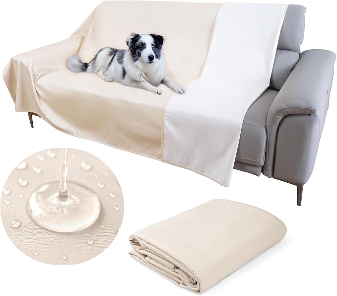 Thin Reversible Waterproof Protective Cover or Liner for Bed or Couch, for Dogs and Cats, Babies; Incontinence, Dirt, Drool (King Size, 100 x 96 inch) (Beige)