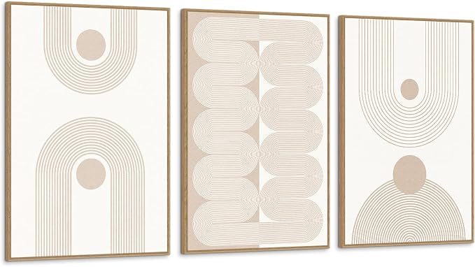 SAFERRYHOME Large Boho Neutral Abstract Beige Modern Wall Art, 24"x36"x3 | Mid Century Neutral Framed Canvas Print Modern Wall Decor,Geometric Line Artwork for Living Room Bedroom Office,Ready to Hang