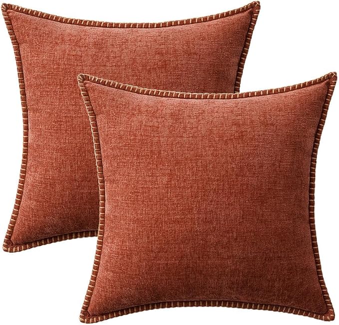 MIULEE Fall Decorative Couch Throw Pillow Covers 16x16 Inch Burnt Orange | 2 Pack, Terracotta Farmhouse Pillow Covers with Stitched Edge, Soft Chenille Cushion Cases, Sofa Bed Living Room Home Decor