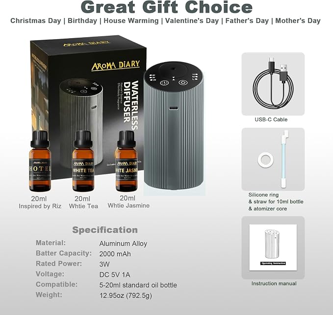 Waterless Essential Oil Diffuser Starter Kit for Home Car Office, Small Scent Diffuser with 60mL Fragrance Oil, Battery Operated, Portable Aromatherapy Diffuser Machine,Silvergrey with Hotel Scent