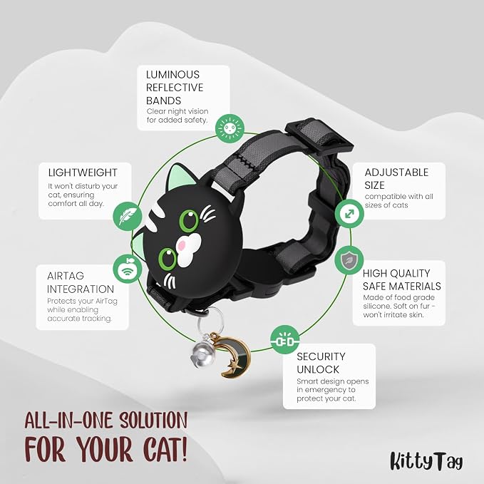 AirTag Cat Collar – Breakaway Reflective & Waterproof Collar with Built-in Holder, Adjustable with Bell for Indoor/Outdoor Cats – AirTag Not Included, Black (9-12")
